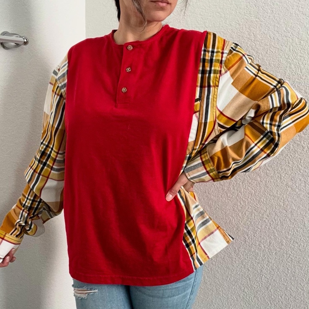 Plaid Sleeve Red Top